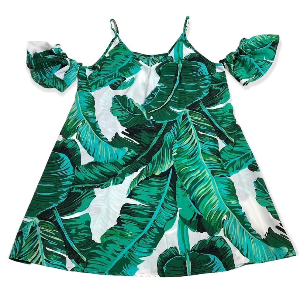 Leaf print ruffle mini dress